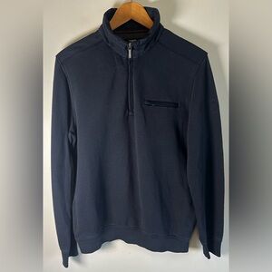 Bugatti Premium Finish Men’s 1/4 Zip Sweater Navy Faux Leather Troyer Size M EUC